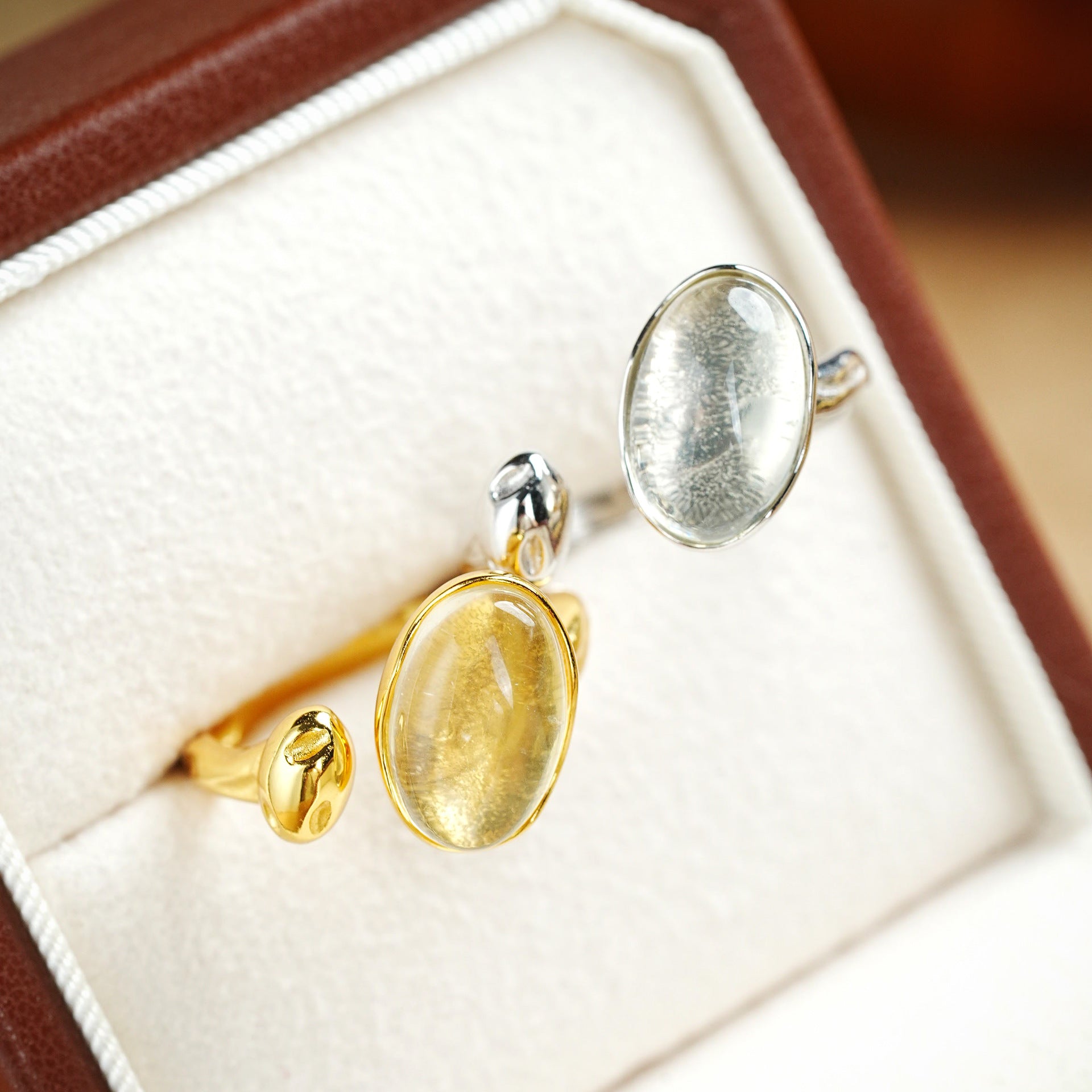 S925Silver Gold-Plated Yellow Crystal Oval Open Ring for Women French Niche Design Sense High-End Vintage Accessory