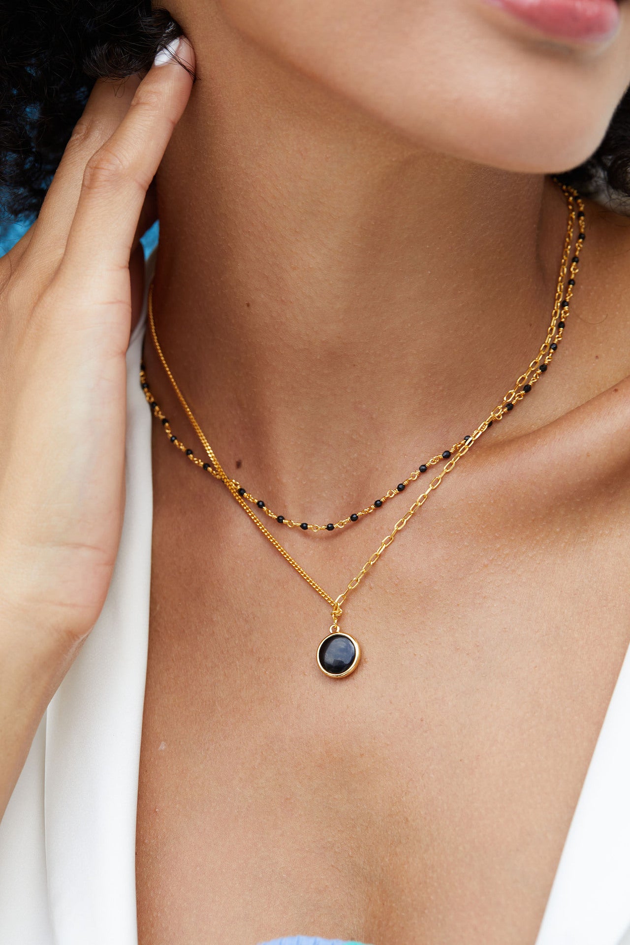 S925Silver White Fritillary Necklace Double-Sided Natural Black Agate Pendant AB Simple Layered Chain ins Women's Pendant Necklace