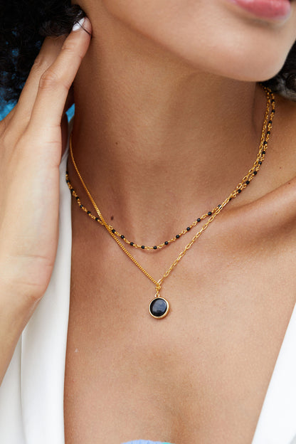 S925Silver White Fritillary Necklace Double-Sided Natural Black Agate Pendant AB Simple Layered Chain ins Women's Pendant Necklace