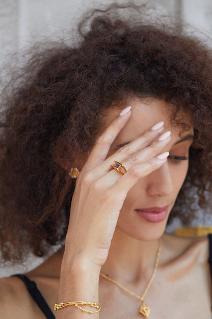 925Silver Natural Amethyst Ring Vintage Style Design Square Ring for Women Cross-Border European and American Ring Niche Silver Jewelry