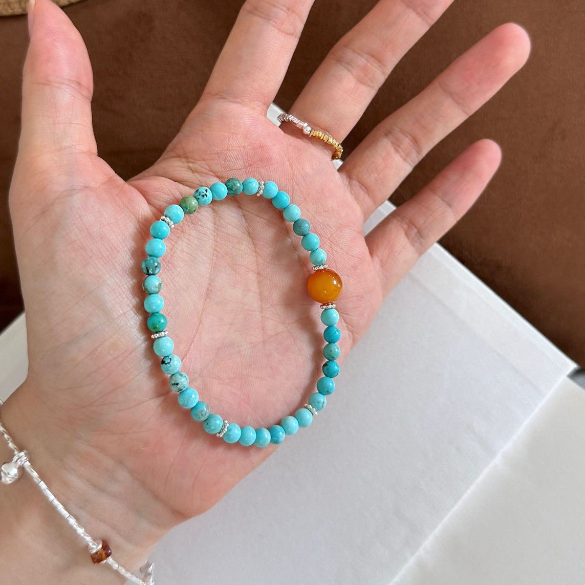 Vintage Turquoise Natural Amber Spacer Bracelet Simple Elegant Thin Style Layered Versatile High-end Jewelry