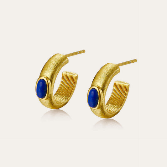 925Silver Natural Lapis Lazuli Hoop Earrings Handcrafted Brushed Earrings Simple Niche Light Luxury Ear Jewelry Ladies