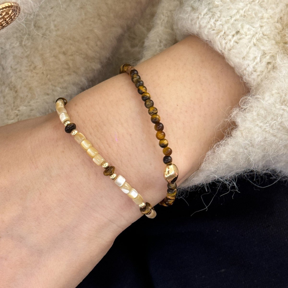 Winter Melad Golden Bean Tiger Eye Stone Natural Shell Bracelet Color-Block Layered Versatile Design High-End Jewelry