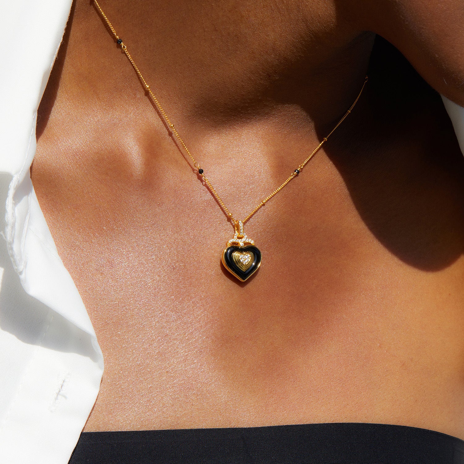Whole Body925Silver Heart Black Onyx Necklace Electroplated18K Gold Handcrafted Bead Chain Niche Light Luxury Design Pendant