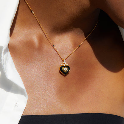 Whole Body925Silver Heart Black Onyx Necklace Electroplated18K Gold Handcrafted Bead Chain Niche Light Luxury Design Pendant