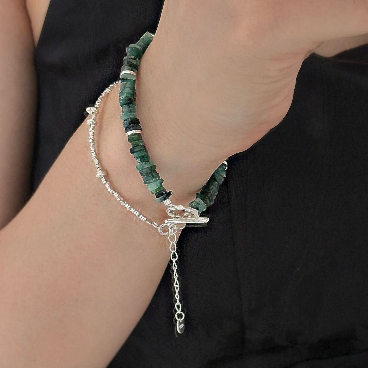 S925Sterling Silver OT Elegant Versatile Gray Moonlight Emerald Bracelet Retro Versatile Women's Jewelry