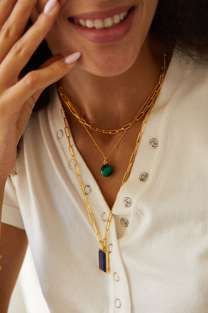 S925Silver Natural Stone Necklace Malachite Round Ball Pendant Women's Layered Silver Jewelry Cross-Border Design Sense Silver Jewelry