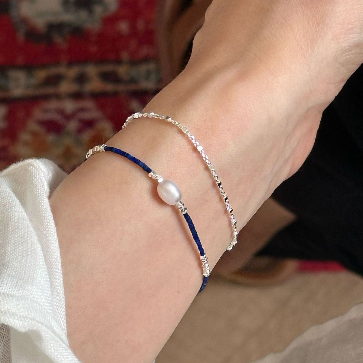 Whole Body s925Pure Silver Fragment Natural Freshwater Pearl Ultra-fine Lapis Lazuli Beaded Bracelet Vintage High-end Design