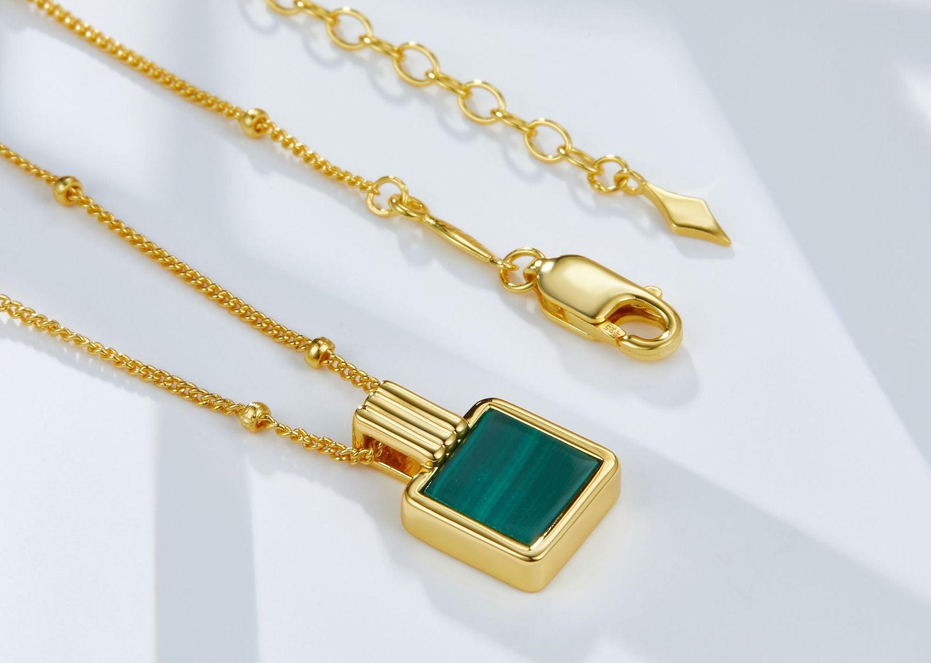 Whole Body925Silver Natural Malachite Necklace Perfume Bottle Pendant Niche Square Collarbone Chain Gold-Plated Women's Bead Chain