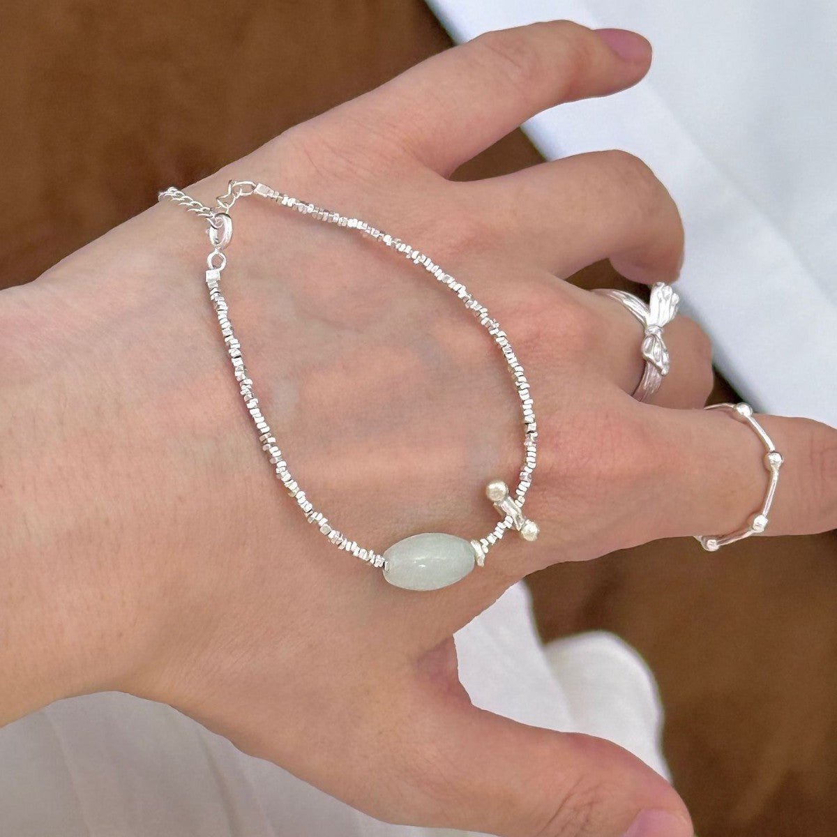 Summer Full Body S925Fragmented Silver Irregular Thai Silver Rice Bead Jade Bracelet Exquisite Light Luxury Bracelet for Women