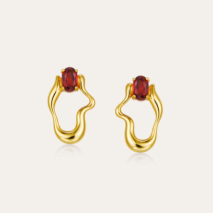 925Silver Natural Garnet Earrings with Flowing Line Design, Niche Electroplated18K Golden Versatile New Women's Earrings