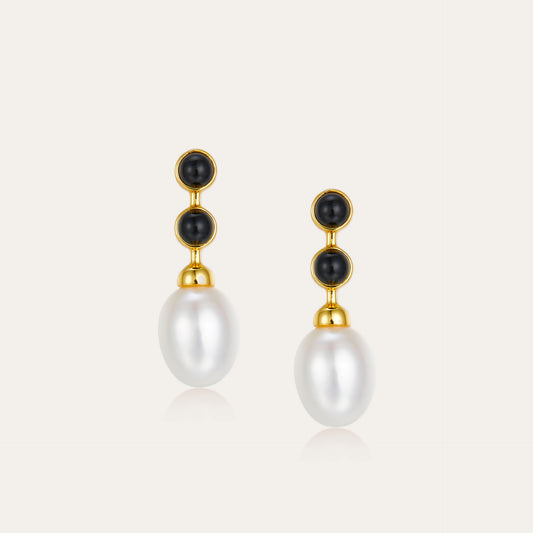 S925Silver Natural Freshwater Pearl Earrings Black Onyx Light Luxury Design Earrings Simple Versatile