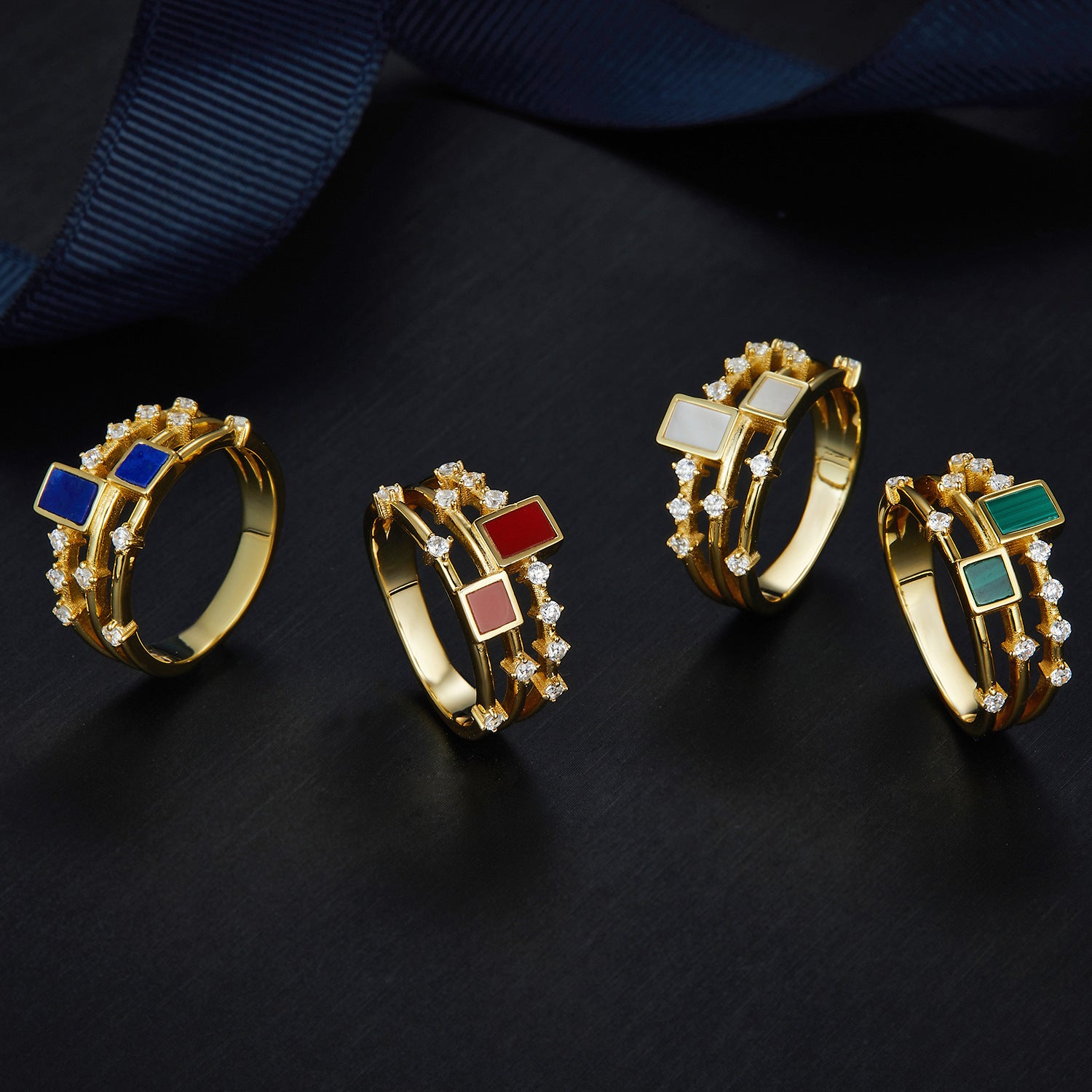 S925Silver Natural Stone Double Row Ring Square Female fashion Niche Design Light Luxury french Gemstone Finger Ring