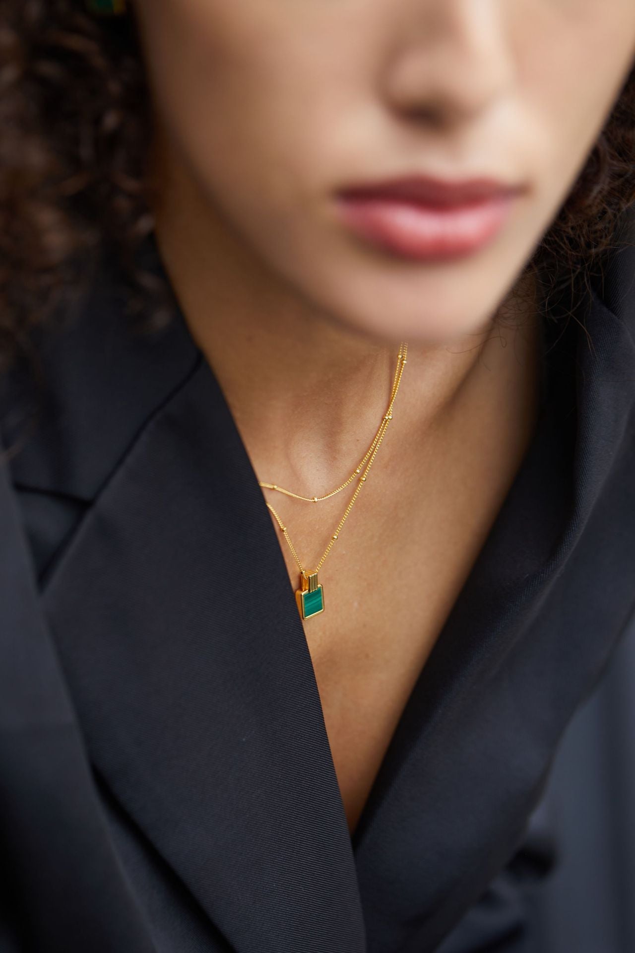 Whole Body925Silver Natural Malachite Necklace Perfume Bottle Pendant Niche Square Collarbone Chain Gold-Plated Women's Bead Chain