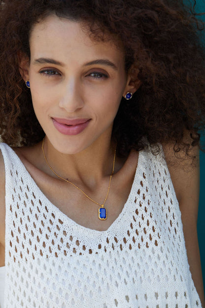 925Silver Lapis Lazuli Necklace French Light Luxury Niche Design Peace Pendant Vintage New National Trend Electroplated K Gold