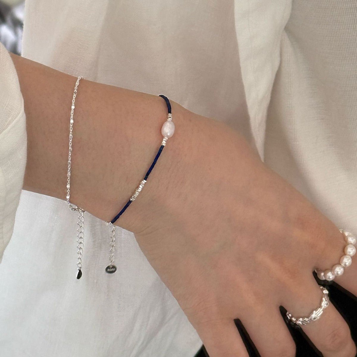 Whole Body s925Pure Silver Fragment Natural Freshwater Pearl Ultra-fine Lapis Lazuli Beaded Bracelet Vintage High-end Design