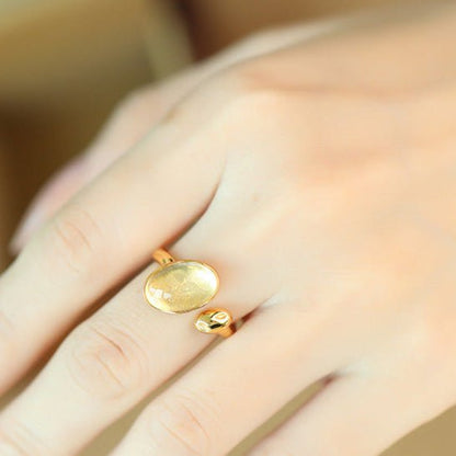 S925Silver Gold-Plated Yellow Crystal Oval Open Ring for Women French Niche Design Sense High-End Vintage Accessory