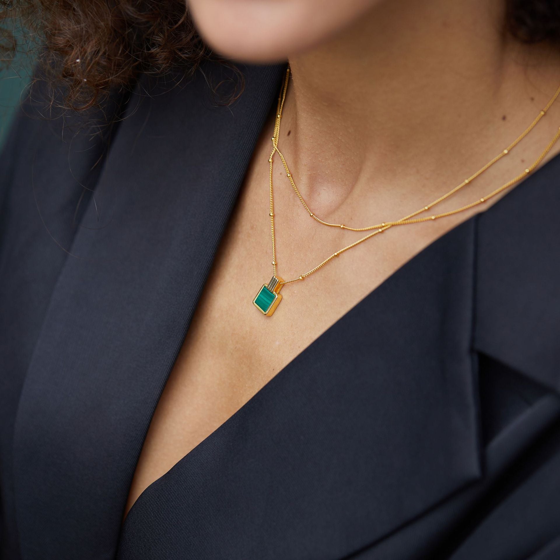 Whole Body925Silver Natural Malachite Necklace Perfume Bottle Pendant Niche Square Collarbone Chain Gold-Plated Women's Bead Chain