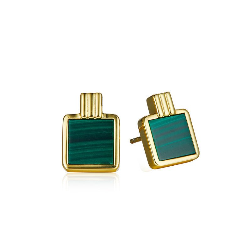 925Silver Natural Malachite Square Earrings Elegant Fashion Geometric Niche Earrings Light Luxury Versatile Commuting Cross-Border