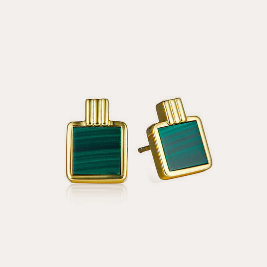 925Silver Natural Malachite Square Earrings Elegant Fashion Geometric Niche Earrings Light Luxury Versatile Commuting Cross-Border