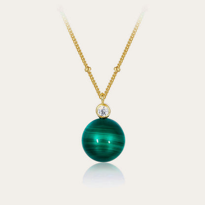 S925Silver Natural Stone Necklace Malachite Round Ball Pendant Women's Layered Silver Jewelry Cross-Border Design Sense Silver Jewelry