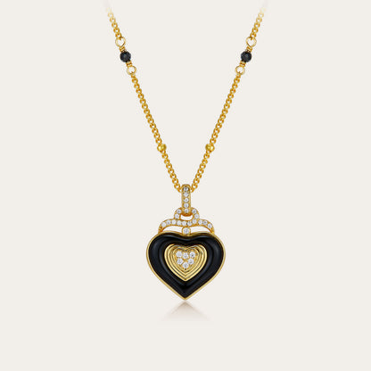 Whole Body925Silver Heart Black Onyx Necklace Electroplated18K Gold Handcrafted Bead Chain Niche Light Luxury Design Pendant
