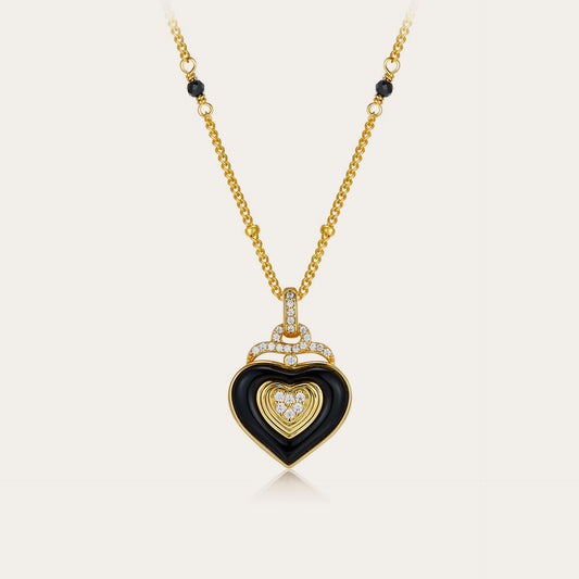 Whole Body925Silver Heart Black Onyx Necklace Electroplated18K Gold Handcrafted Bead Chain Niche Light Luxury Design Pendant