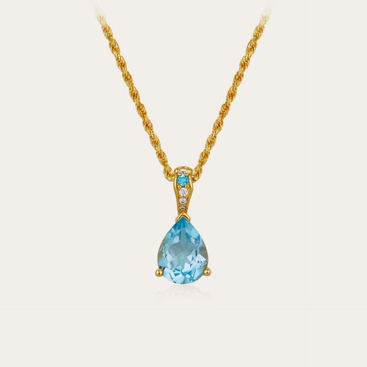 S925Silver Simple Teardrop Topaz Necklace Niche Versatile Pendant Design Blue Birthstone Collarbone Chain