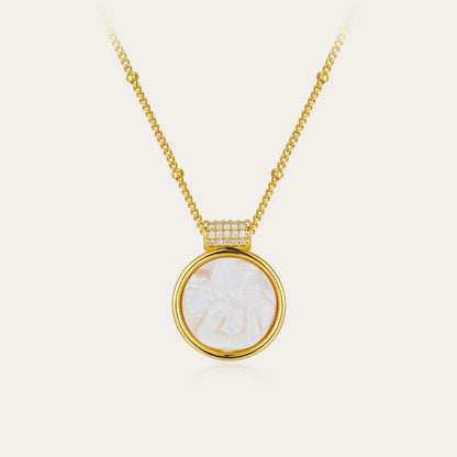 Whole Body925Silver Carved White Mother-of-Pearl Necklace Versatile Pendant Shell Niche Design Sense Cross-Border Light Luxury Style Jewelry