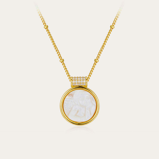 Whole Body925Silver Carved White Mother-of-Pearl Necklace Versatile Pendant Shell Niche Design Sense Cross-Border Light Luxury Style Jewelry