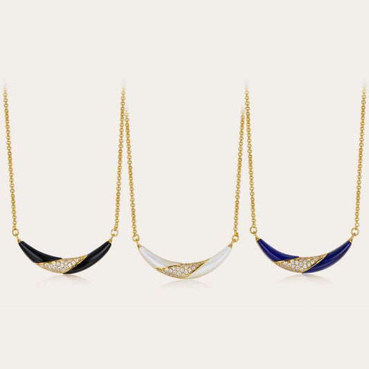 Whole Body925Silver Plating18K Gold Natural Lapis Lazuli White Mother-of-Pearl Black Onyx Necklace Niche Design Sense Smile Pendant