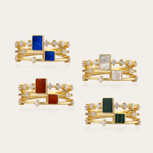 S925Silver Natural Stone Double Row Ring Square Female fashion Niche Design Light Luxury french Gemstone Finger Ring