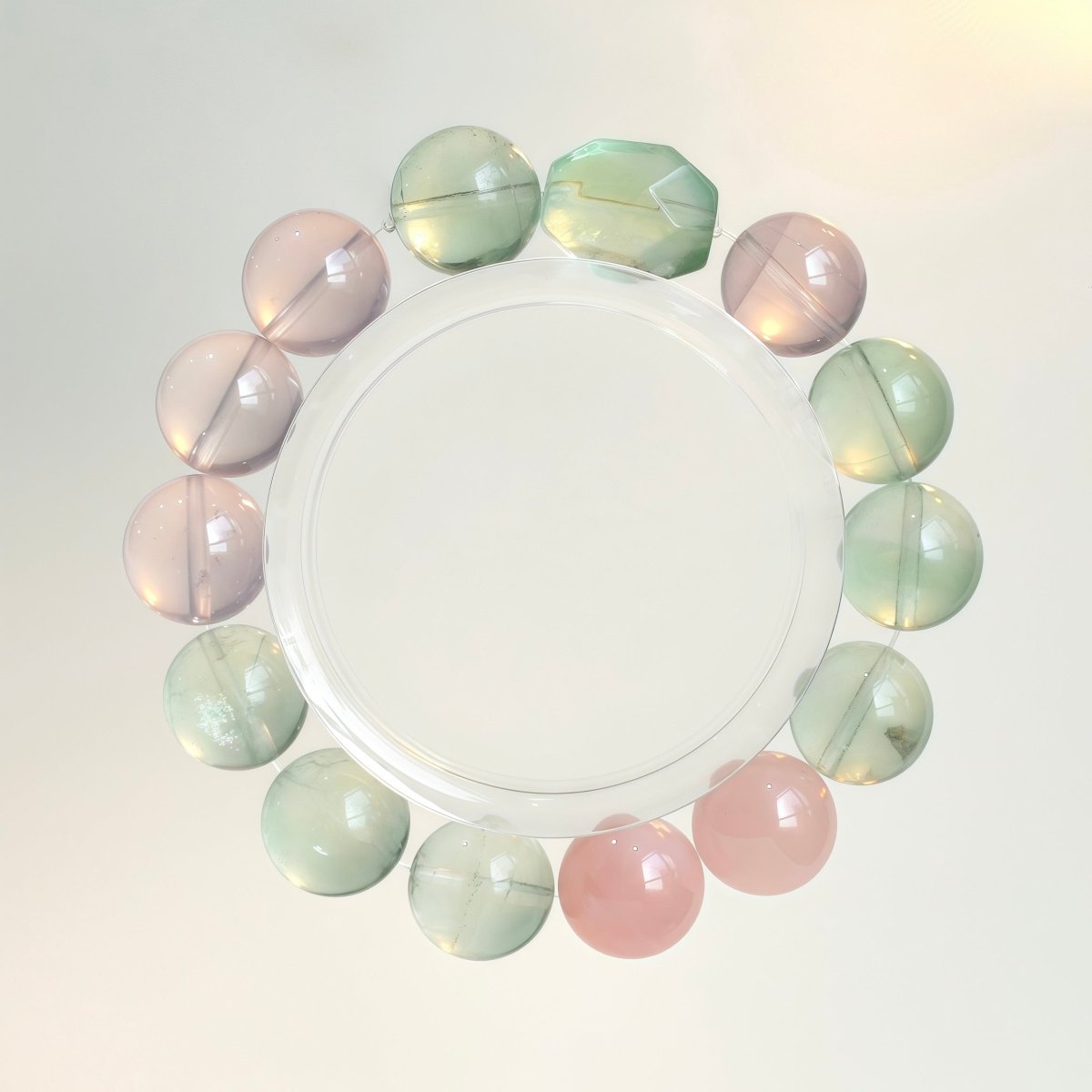 Green fluorite and rose quartz bracelet for heart healing and emotional calm.