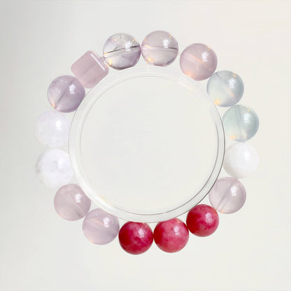 Rose Quartz, Aquamarine, Rhodonite and White Phantom Quartz natural crystal bracelet for love and growth
