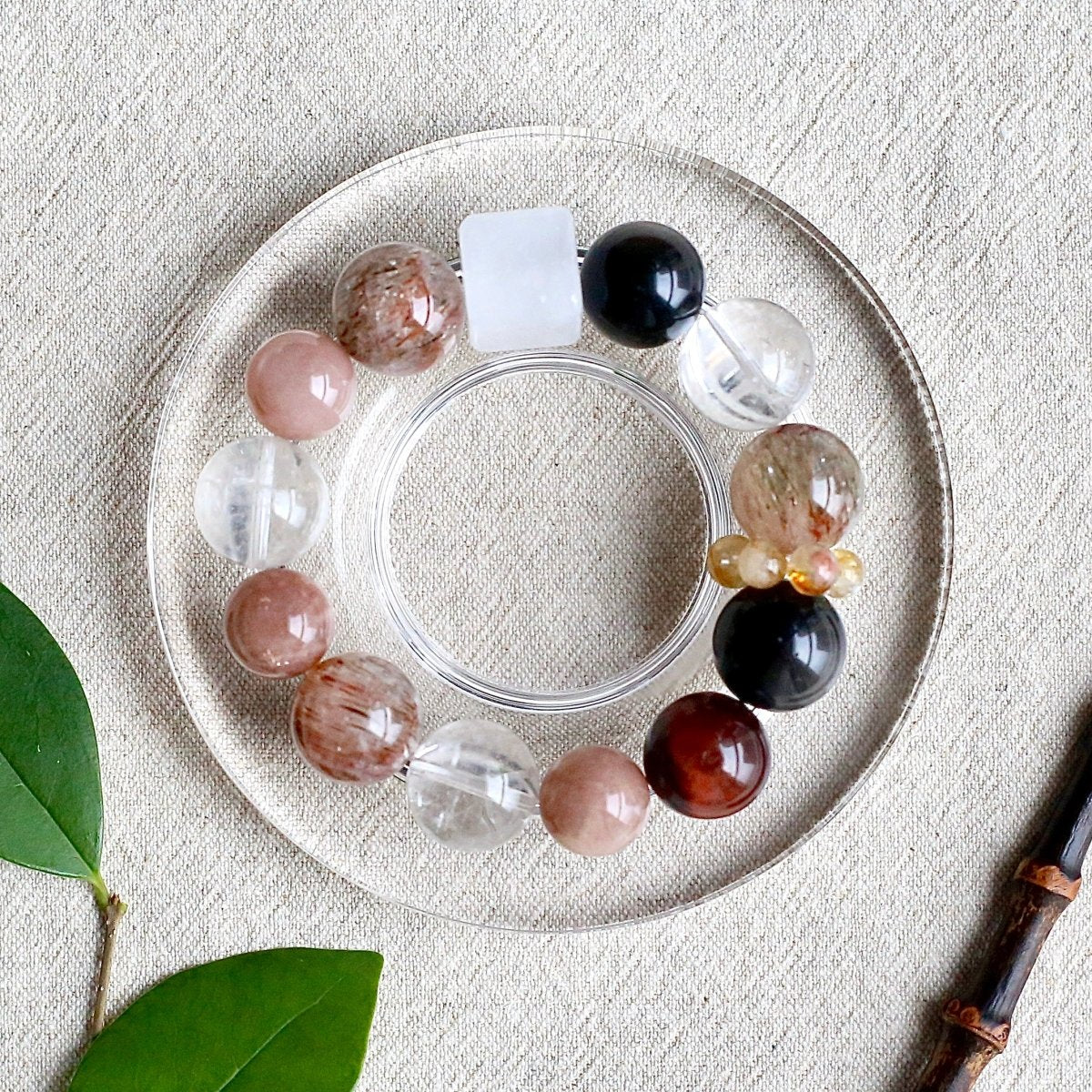 Black Golden Super Seven and Moonstone natural crystal bracelet for balance and inner strength