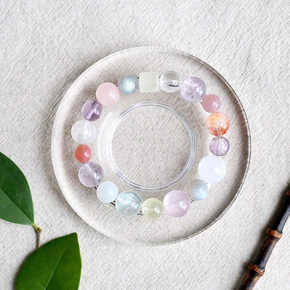 Moonstone, Lemon Quartz, Rose Quartz, Red Agate Flower and White Phantom Quartz bracelet for joy and healing