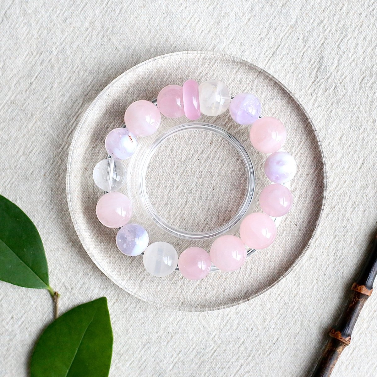 Snow Phantom Quartz and Rose Quartz bracelet with Clear Quartz and Lilac Amethyst – natural healing crystal jewelry