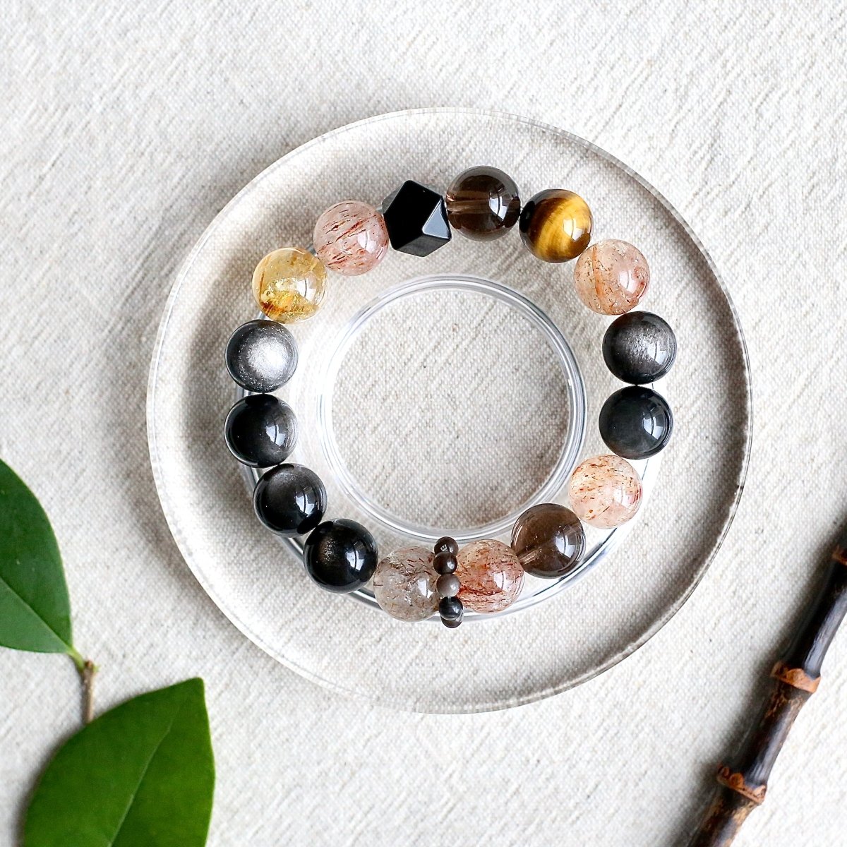 Smoky Quartz, Dzi Bead, and Obsidian natural crystal bracelet for grounding and protection