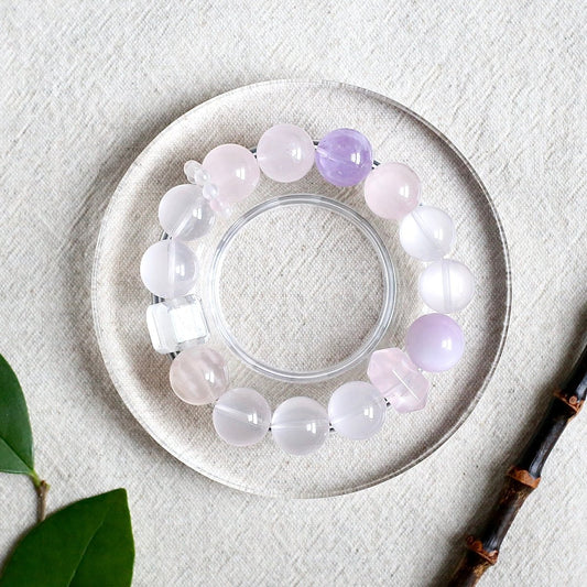 Rose Quartz and Lavender Amethyst crystal bracelet with natural Lepidolite beads – heart chakra healing jewelry