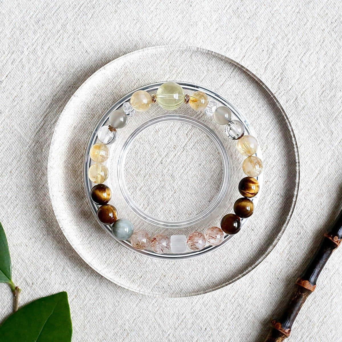 Natural yellow tiger’s eye and lemon quartz bracelet with mixed crystals for confidence and abundance.