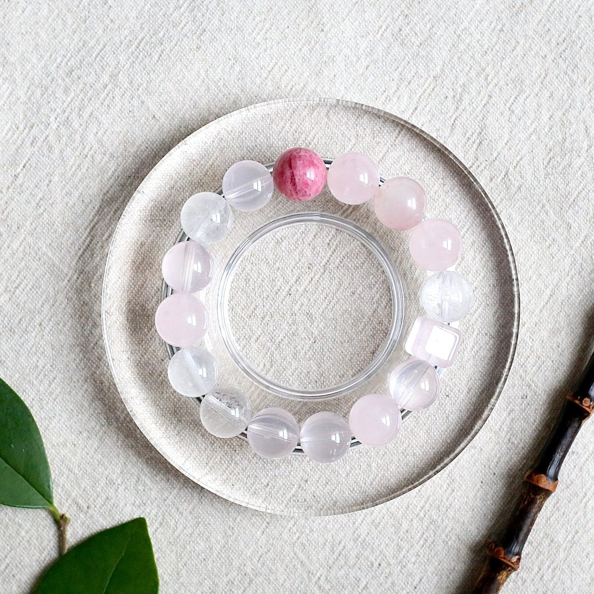 Morganite and Rose Quartz crystal bracelet with Rhodonite, White Howlite, and Cherry Blossom Quartz beads – natural gemstone healing jewelry