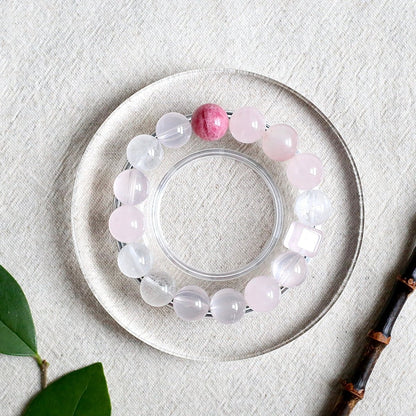 Morganite and Rose Quartz crystal bracelet with Rhodonite, White Howlite, and Cherry Blossom Quartz beads – natural gemstone healing jewelry