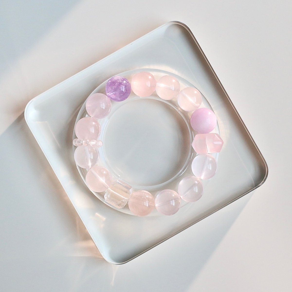 Rose Quartz and Lavender Amethyst crystal bracelet with natural Lepidolite beads – heart chakra healing jewelry