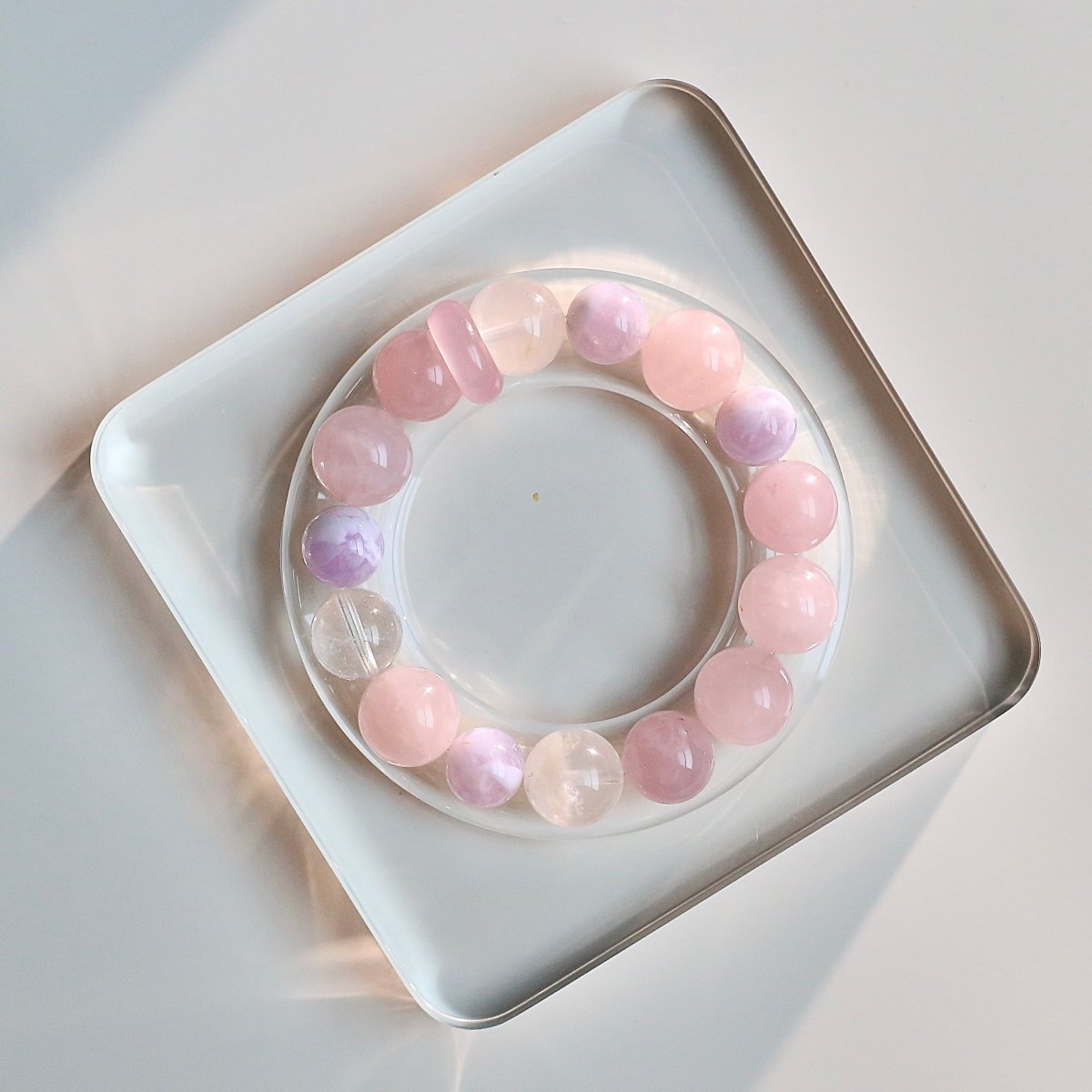 Snow Phantom Quartz and Rose Quartz bracelet with Clear Quartz and Lilac Amethyst – natural healing crystal jewelry