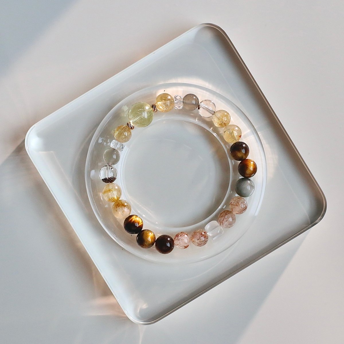 Natural yellow tiger’s eye and lemon quartz bracelet with mixed crystals for confidence and abundance.