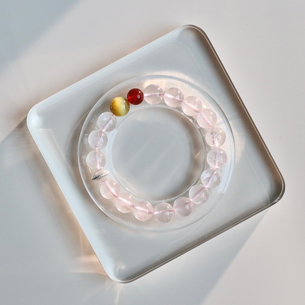 Gold Tiger's Eye, Rose Quartz, Red Agate bracelet with silver dividers