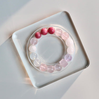 Rose Quartz, Aquamarine, Rhodonite and White Phantom Quartz natural crystal bracelet for love and growth