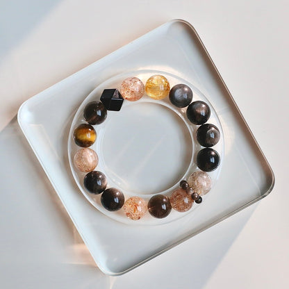 Smoky Quartz, Dzi Bead, and Obsidian natural crystal bracelet for grounding and protection