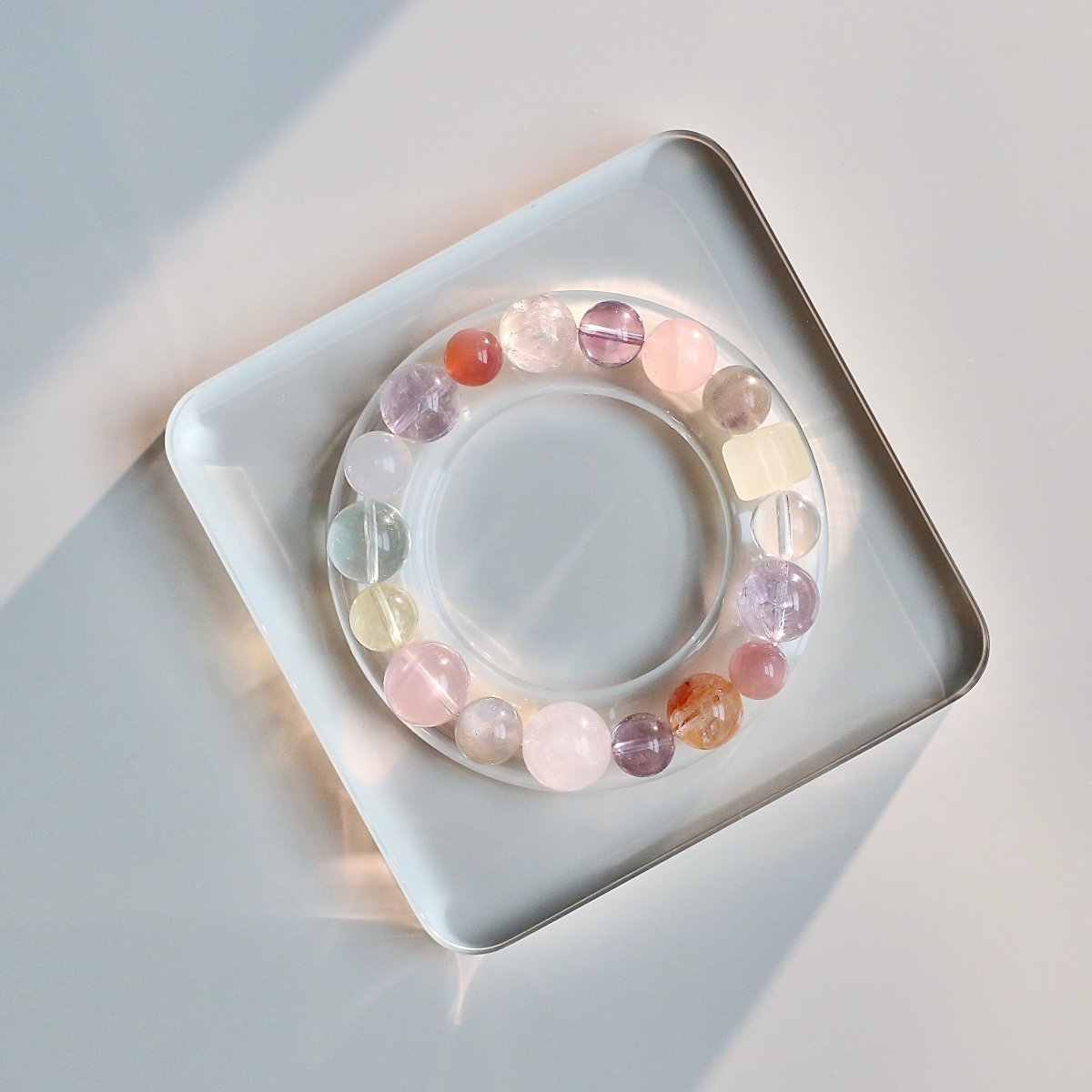 Moonstone, Lemon Quartz, Rose Quartz, Red Agate Flower and White Phantom Quartz bracelet for joy and healing