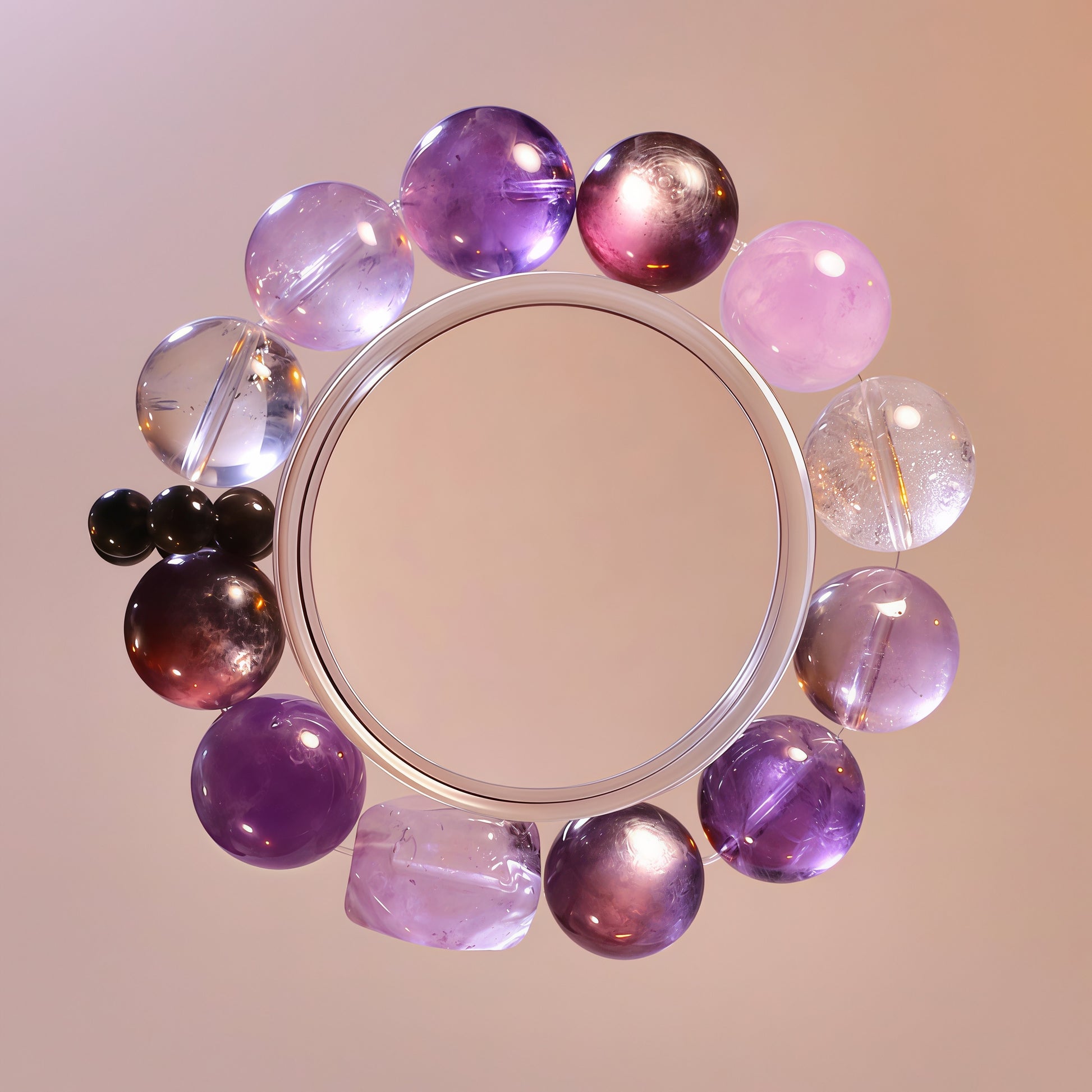 Purple gemstone bracelet with Uruguay amethyst, lepidolite, clear quartz and silver obsidian for calm emotional energy.